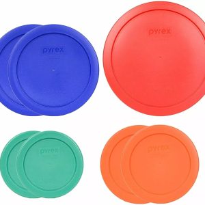 Pyrex (2) 7202-PC Green, (2) 7200-PC Orange, (2) 7201-PC Cobalt Blue, (1) 7402-PC Red Food Storage Lids - Made in USA