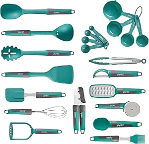 Pyrex 22-Piece Kitchen Cooking Utensils Set, Non-Stick Silicone Cooking Gadgets, Spatulas, Pizza Wheel, Grater, Measuring, and more