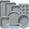 Pyrex 8-Piece Metal Bakeware Set, Lightweight Stainless Steel Baking Trays with Heatsafe Silicone Handles, Cookie & Muffin Sheets, Round/Square Baking Pans, Cerulean