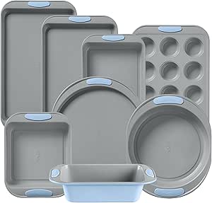 Pyrex 8-Piece Metal Bakeware Set, Lightweight Stainless Steel Baking Trays with Heatsafe Silicone Handles, Cookie & Muffin Sheets, Round/Square Baking Pans, Cerulean
